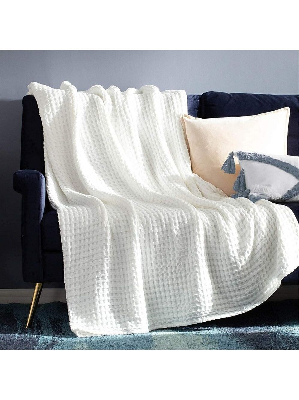 COTTON Waffle Weave Bamboo Blanket King Size Cream Soft Lightweight Bed Blanket